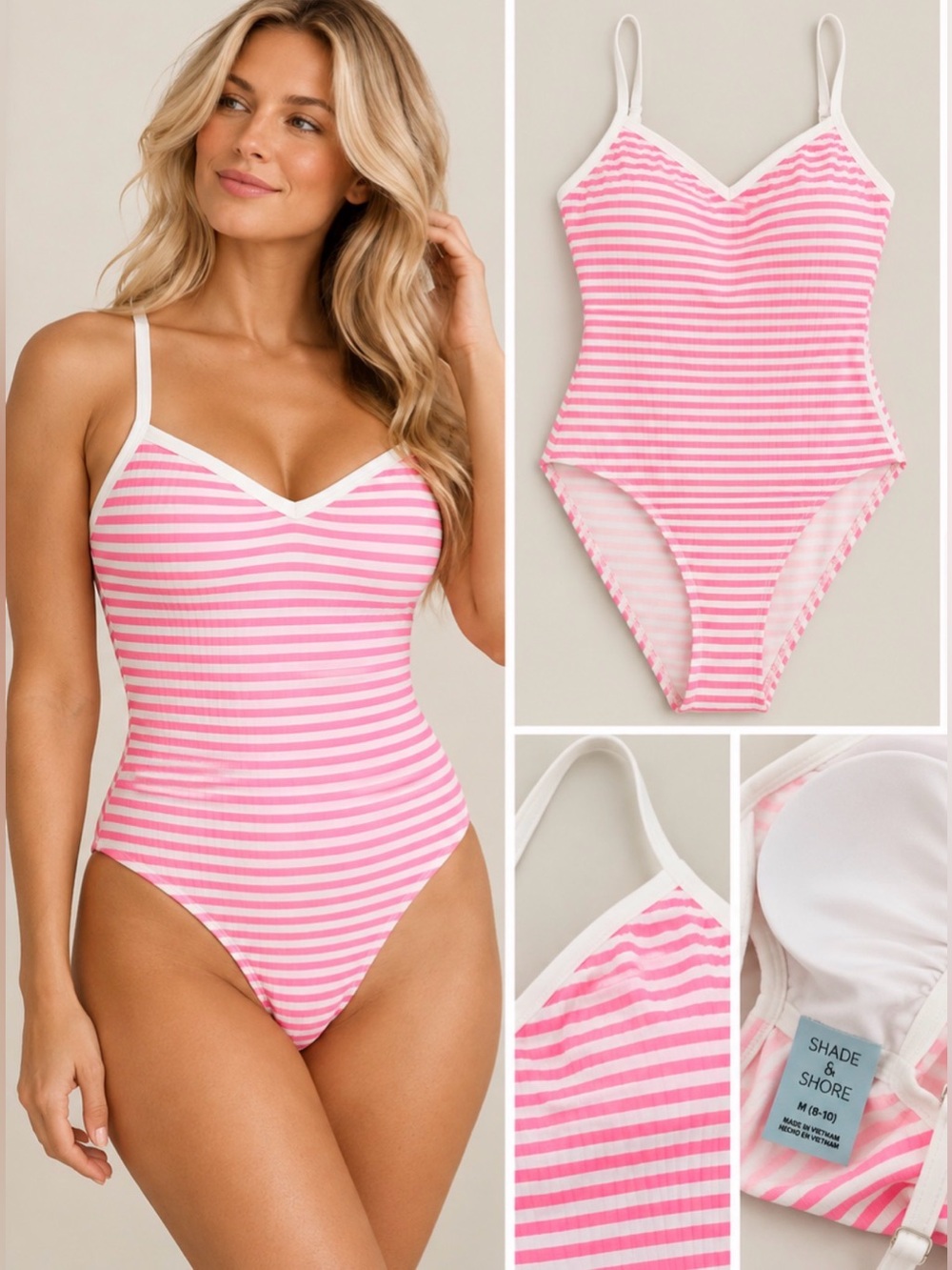 NWT Shade & Shore Sz M Pink Stripe One-Piece Swimsuit